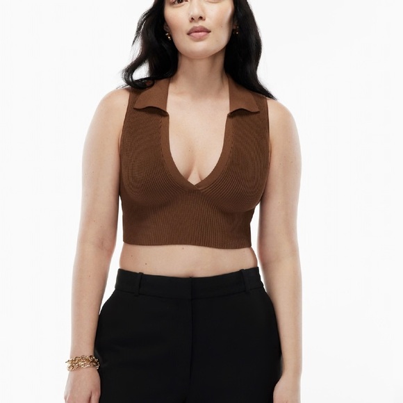 Aritzia Babaton Sculpt Knit Polo Top Epicurean Brown Ribbed Women’s XXL Stretchy - Picture 1 of 8